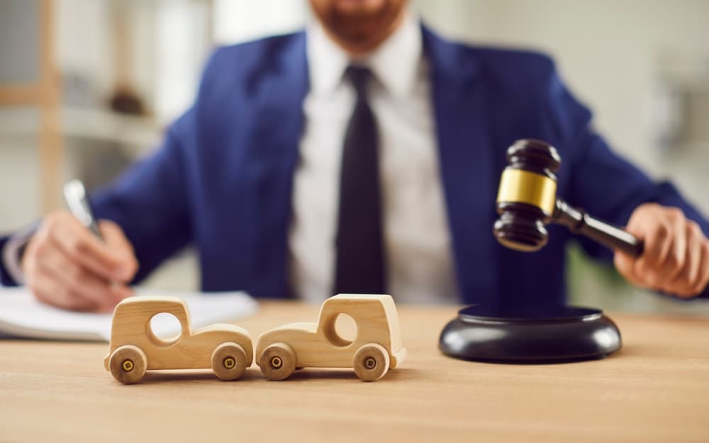 A car accident lawyer’s desk with toy wooden crashed cars, a gavel, and injury claim documents symbolizing legal consultation and fair compensation.







