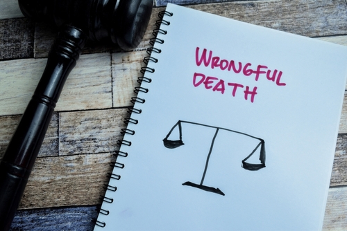 A notebook with "Wrongful Death" written in bold pink letters, accompanied by a drawn scale of justice, with a judge's gavel placed nearby.