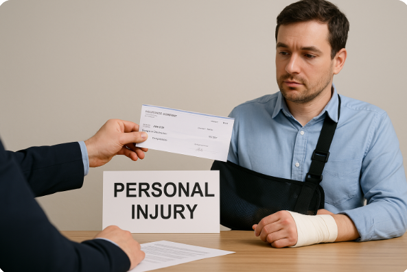 Injured man receiving insurance compensation check