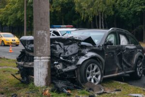 Damaged car after a collision with deployed airbags, representing an uninsured or underinsured motorist accident in Bellevue.